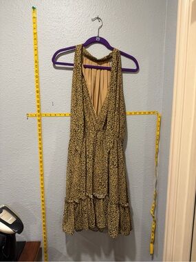 BTFBM Leopard Print Halter Midi Dress Tie Neck Tiered Ruffle Boho Large